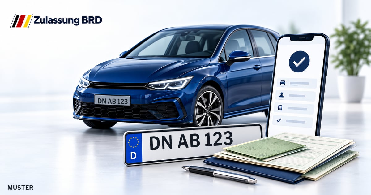 Online Fahrzeugzulassung in Landkreis Düren: Musterkennzeichen DN AB 123, Auto und Fahrzeugpapiere und Smartphone. Illustration mit Logo von Zulassung BRD.